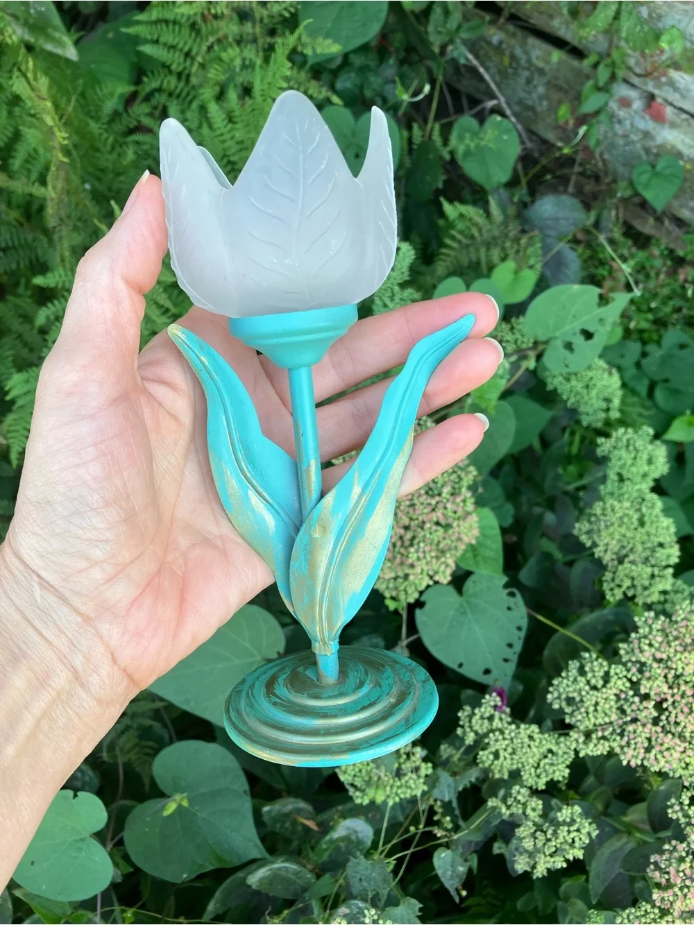 Vintage Pair of Frosted Glass Tulip Candle Holders w/ Turquoise Metal Stems